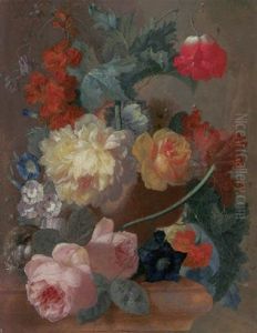 Roses, A Poppy Bougainvillea, Peonies, Morning Glory, Primulas And A Coxcomb In A Terracotta Vase With A Bird's Nest, A Landscape Beyond by Jan van Os