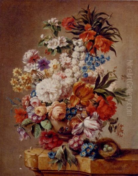 A Floral Still Life With A Nest On A Ledge - view 1