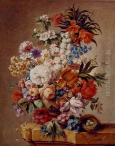 A Floral Still Life With A Nest On A Ledge A Floral Still Life With A Nest On A Ledge