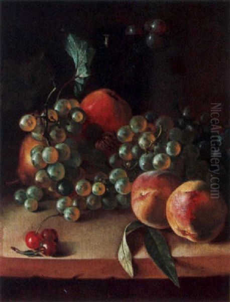 A Still Life With Peaches, Grapes, Cherries, A Walnut, A Pear, An Apple And A Glass, All On A Stone Ledge by Jan van Os