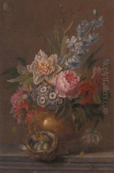 Summer Flowers In A Vase With A Bird's Nest On A Marble Ledge - view 1