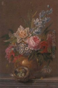 Summer Flowers In A Vase With A Bird's Nest On A Marble Ledge by Jan van Os