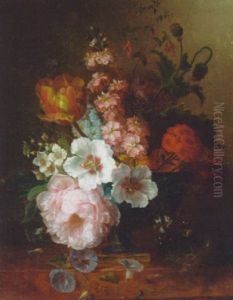 A Tulip, A Peony, Honeysuckle, Narcissi, Poppies, Fuchsia, Morning Glory, Larkspur, Cistus, Marigolds And Other Flowers In An Urn by Jan van Os