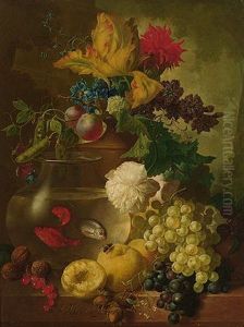 Still Life Of Fruit And Flowers, Together With Walnuts And Hazelnuts, A Bird's Nest And A Goldfish Bowl, A Landscape Beyond by Jan van Os