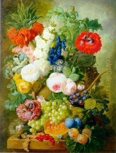 Roses, Poppies, A Crown Imperial Lily And Other Flowers In A Terracotta Vase, With Grapes, Plums, A Melon And A Birds' Nest