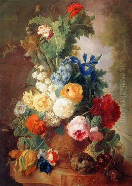 Flowers In A Terracotta Urn With A Bird's Nest On A Marble Ledge, A Garden Beyond - view 1
