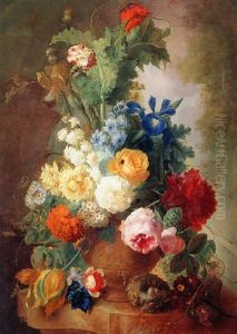 Flowers In A Terracotta Urn With A Bird's Nest On A Marble Ledge, A Garden Beyond by Jan van Os
