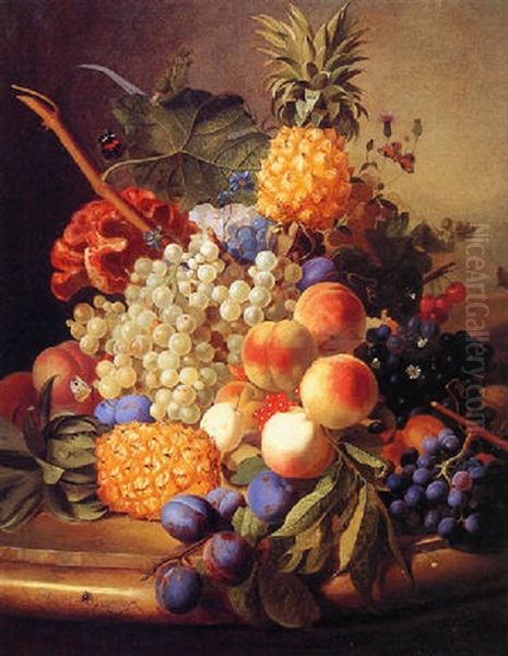 Still Life Of Grapes, Peaches, Plums And A Pineapple All Resting On A Marble Table - view 1