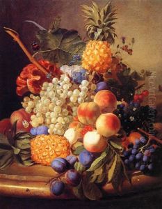 Still Life Of Grapes, Peaches, Plums And A Pineapple All Resting On A Marble Table