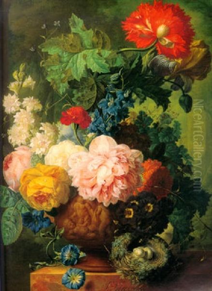 Still Life Of Peonies, Roses, A Poppy, An Iris, Morning Glories And Other Flowers In A Terracotta Vase Decorated With Putti - view 1