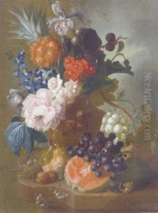 A Peony, An Iris, A Pineapple, Blackberries, Narcissi And Other Flowers In A Terracotta Vase With A Bird's Nest And A Mouse by Jan van Os