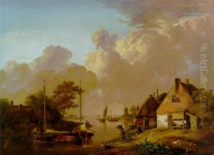 A River Landscape With A Village by Jan van Os