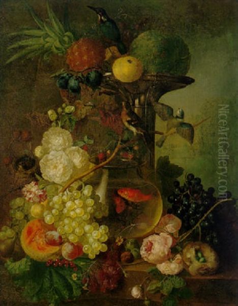 Still Life Of A Pineapple, Melons, Plums, Grapes And Other Fruits, Roses, Birds' Nests And Two Goldfish In A Glass Bowl - view 1