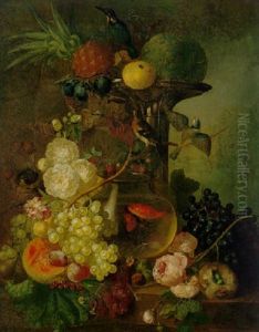 Still Life Of A Pineapple, Melons, Plums, Grapes And Other Fruits, Roses, Birds' Nests And Two Goldfish In A Glass Bowl by Jan van Os