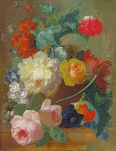 Roses, A Poppy, Bougainvillea, Paeonies, Morning Glory, Primulas And A Coxcomb In A Terracotta Vase With A Bird's Nest On A Marble Ledge, A Landscape Beyond by Jan van Os