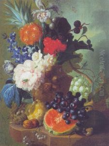 Opstilling Med Melon, Ananas, Druer Og Blomster I En Vase, Pa Bordet Er En Mus I Faerd Med At Spise En Nod