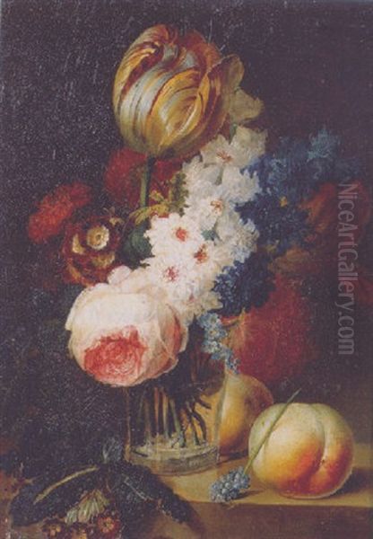 Roses, Tulips, Forget-me-nots And Other Flowers In A Glass Vase With Peaches On A Ledge - view 1