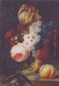 Roses, Tulips, Forget-me-nots And Other Flowers In A Glass Vase With Peaches On A Ledge by Jan van Os