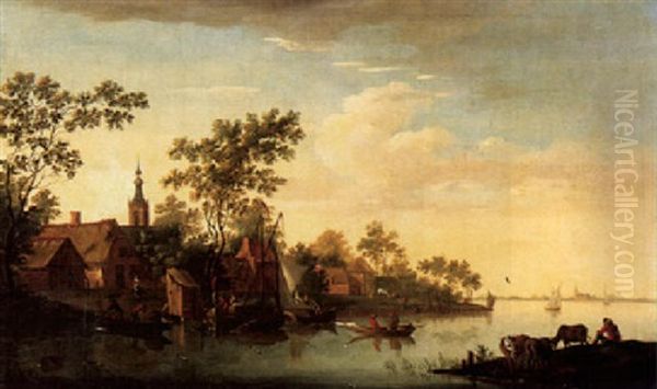 Fischerdorf Mit Schiffen, Figuren Und Kuhherde - view 1