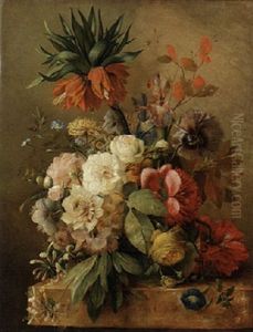 An Imperial Lily, Peonies, Roses, Irises, Honeysuckle, Morning Glory And Poppies In A Glass Vase On A Stone Ledge