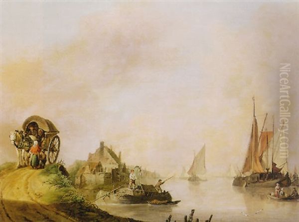 Figures In A Horse-drawn Cart By An Inlet With Ferries And Sailing Boats - view 1
