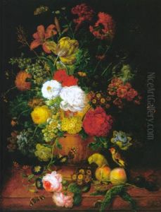 Prachtvolles Blumenstilleben Mit Fruchten Und Getier Auf Einem Tisch by Jan van Os
