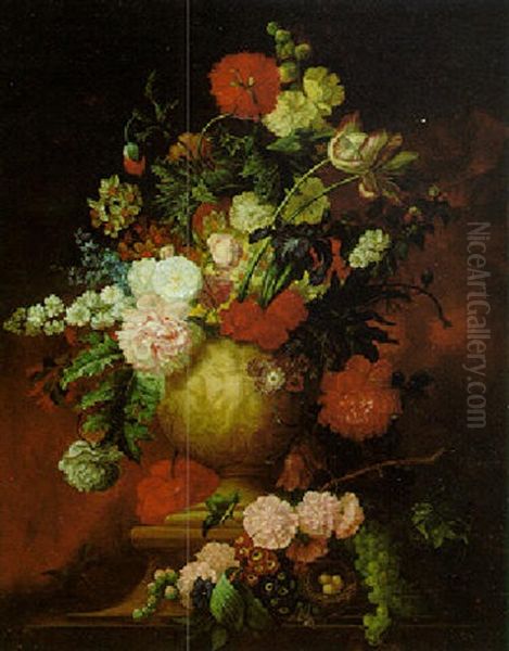 Still Life Of Various Flowers In A Sculpted Vase - view 1