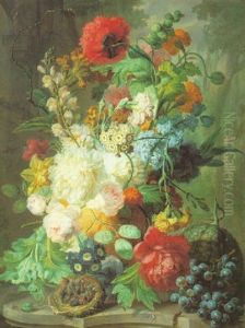 Still Life Of Peonies, Cabbage Roses And Other Flowers In A Sculpted Urn With A Bird's Nest And Fruits On A Ledge by Jan van Os
