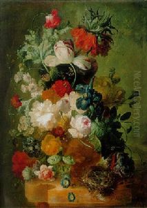 Roses, Peonies, Iris, Tulips And Other Flowers In A Sculpted Urn With A Birds Nest On A Ledge