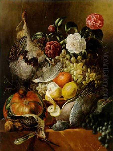 A Partridge, A Snipe, A Pigeon, A Pumpkin, Fruit And Roses On A Ledge - view 1