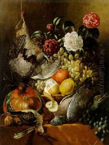 A Partridge, A Snipe, A Pigeon, A Pumpkin, Fruit And Roses On A Ledge