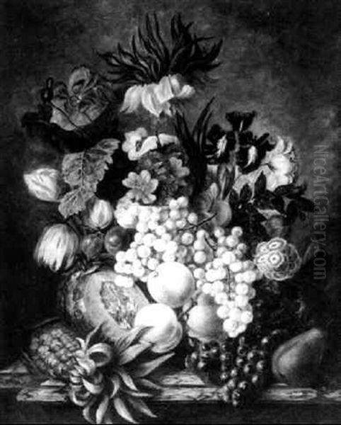 Still Life Of Fruit And Flowers On A Marble Plinth - view 1