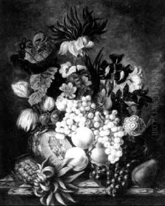 Still Life Of Fruit And Flowers On A Marble Plinth by Jan van Os
