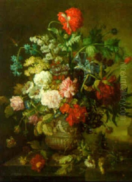 Flowers In A Sculpted Urn On A Ledge - view 1
