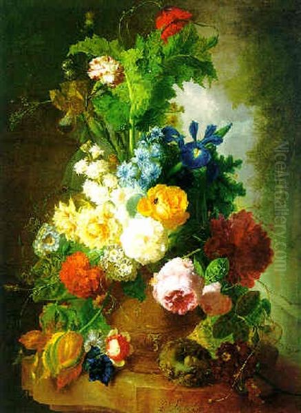 Still Life Of Flowers In A Terracotta Vase And A Bird's Nest On A Marble Ledge In A Landscape - view 1