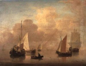 Dutch Smallships Anchored Off A Beach With An Oarsman Returning To Shore by Jan van Os