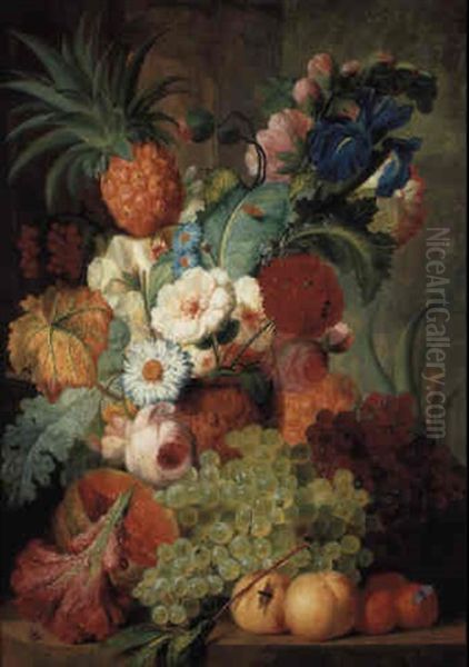 Roses And Other Flowers With Fruit In A Sculpted Vase On A Marble Ledge by Jan van Os