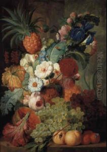Roses And Other Flowers With Fruit In A Sculpted Vase On A Marble Ledge
