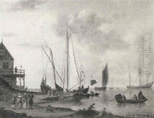 Dutch Shipping In A Calm By A Harbour With Elegant Figures Promenading - view 1