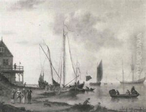 Dutch Shipping In A Calm By A Harbour With Elegant Figures Promenading by Jan van Os