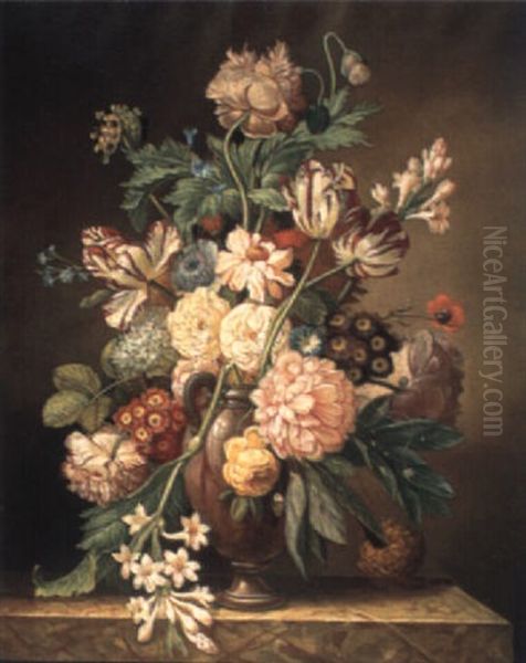 Peonies, Poppies And Tulips In A Stone Case On A Marble Ledge - view 1