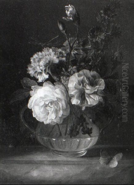 Roses And Other Flowers In A Glass Vase On A Ledge With A Butterfly - view 1