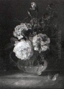 Roses And Other Flowers In A Glass Vase On A Ledge With A Butterfly by Jan van Os