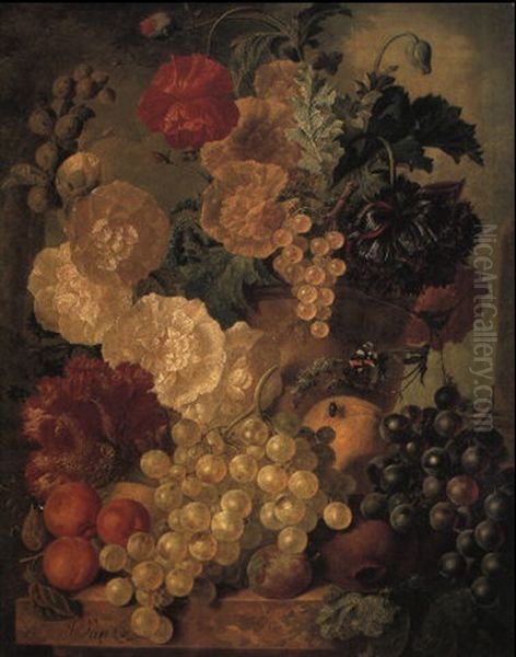 Hollyhocks And Other Flowers In A Terracotta Pot On A Marble Ledge by Jan van Os