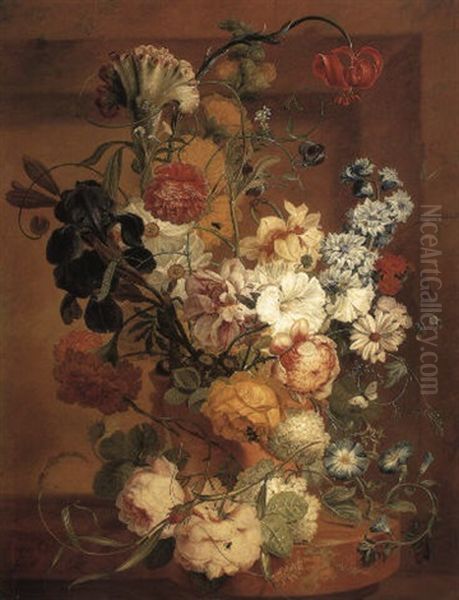 Cockscomb And Other Flowers On A Marble Ledge With A Bee - view 1