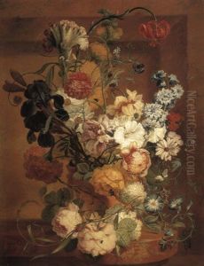 Cockscomb And Other Flowers On A Marble Ledge With A Bee