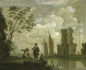 A River Landscape With Peasants On A Bank, A Tower Beyond by Jan van Os