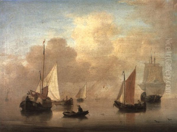 Dutch Smalschips Anchored Off A Beach With An Oarsman Returning To Shore - view 1