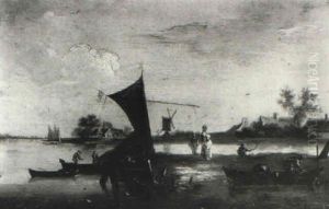 Dutch River Landscape With A Boat And Peasants by Jan van Os