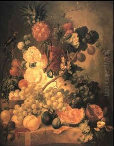Hollyhocks And Fruit On A Marble Ledge With A Goldfinch